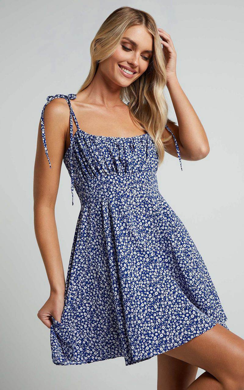 Showpo Summer Jam Mini Dress - Strappy Slip Dress Blue Floral | IVRXLM350