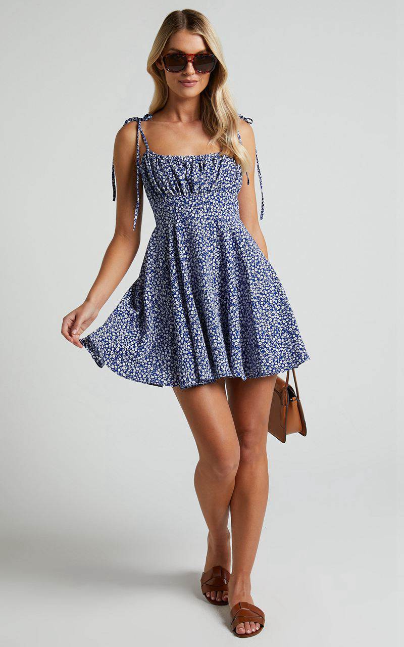 Showpo Summer Jam Mini Dress - Strappy Slip Dress Blue Floral | IVRXLM350