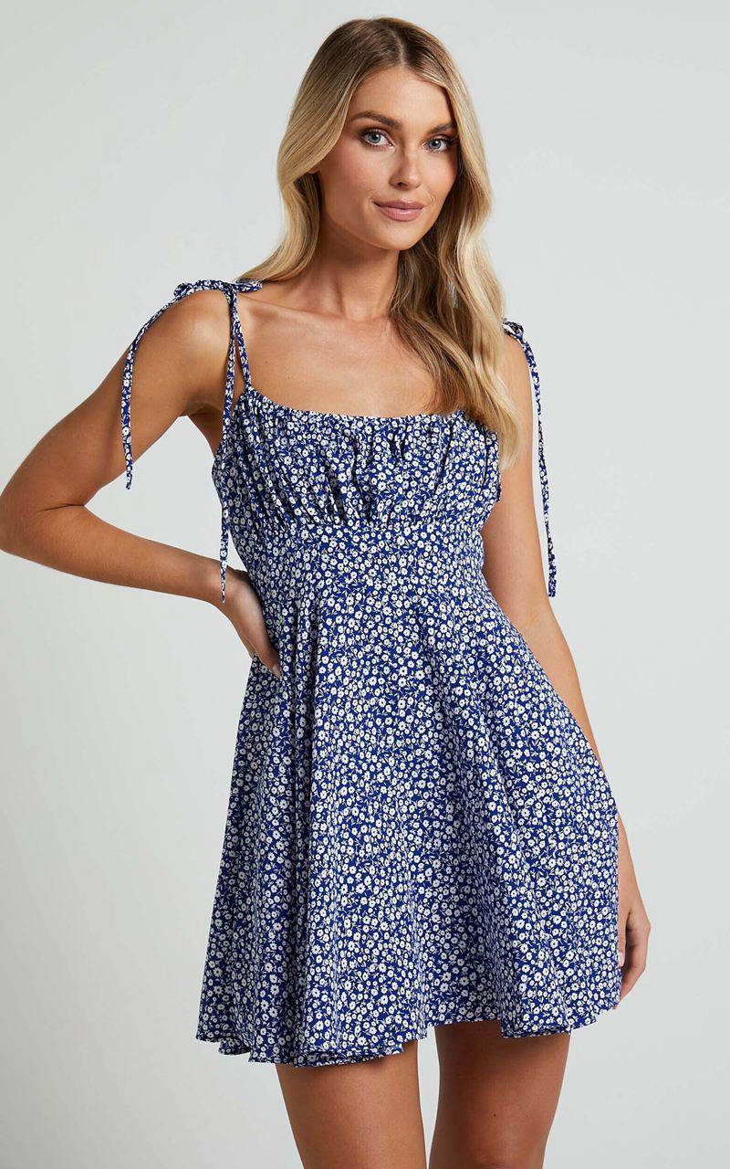 Showpo Summer Jam Mini Dress - Strappy Slip Dress Blue Floral | IVRXLM350