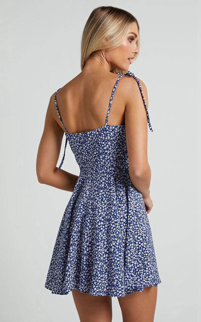 Showpo Summer Jam Mini Dress - Strappy Slip Dress Blue Floral | IVRXLM350