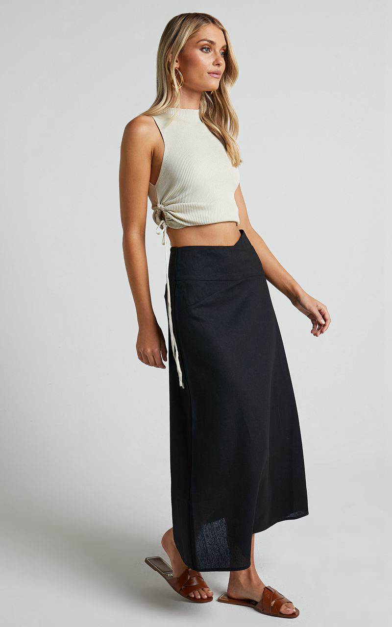 Showpo Sundry Midi Skirt - Linen Look High Waisted Cross Front Detail Skirt Black | HXMNJO472