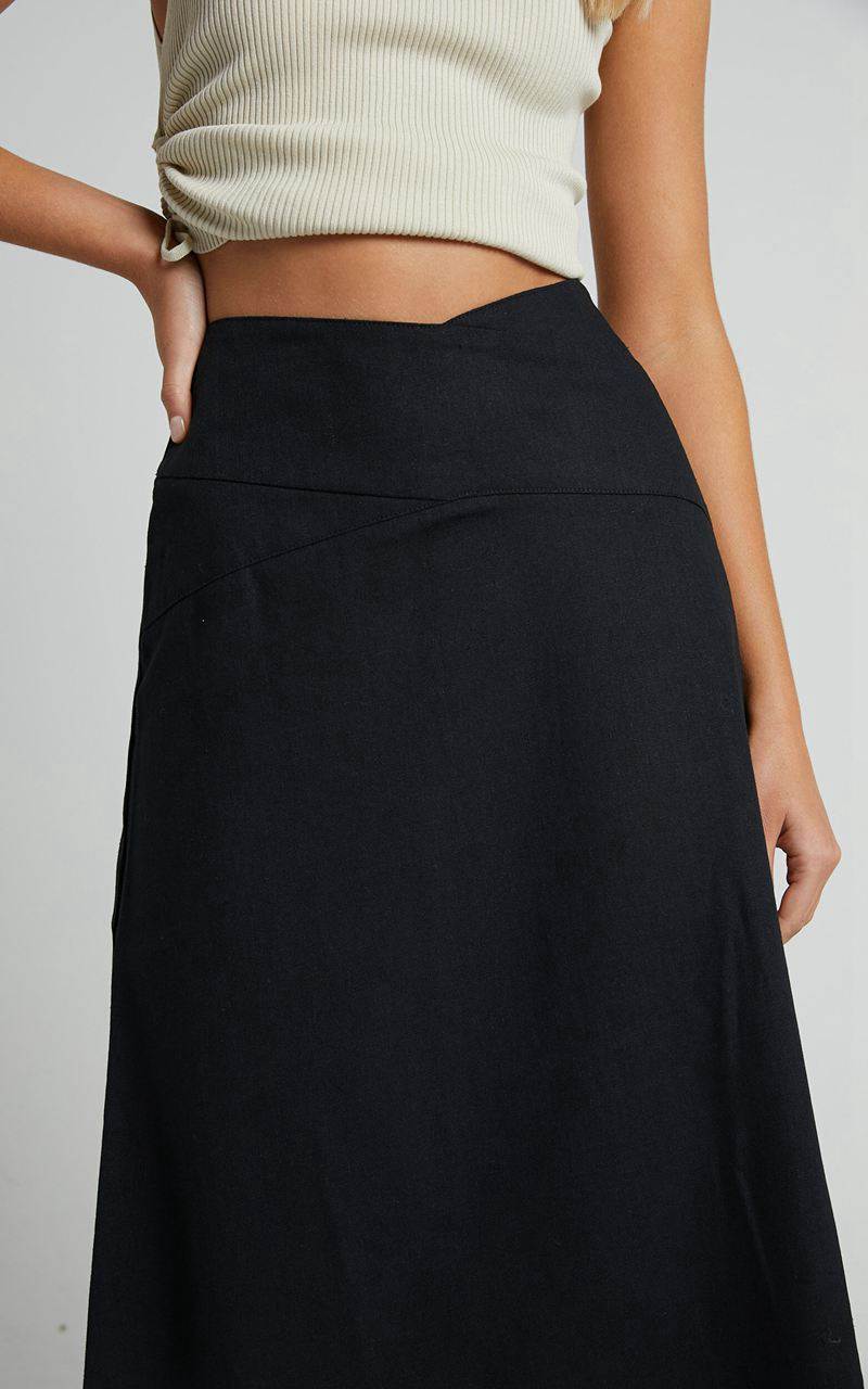 Showpo Sundry Midi Skirt - Linen Look High Waisted Cross Front Detail Skirt Black | HXMNJO472