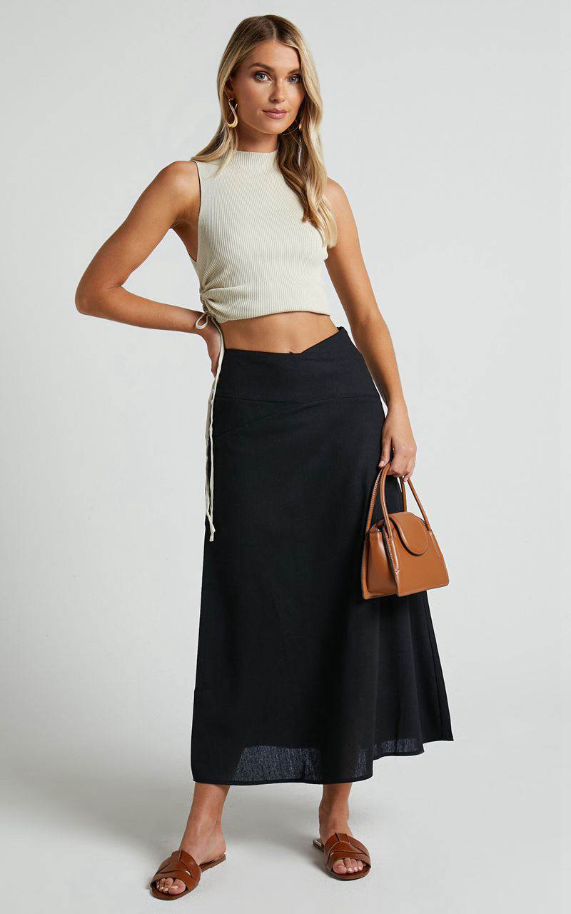 Showpo Sundry Midi Skirt - Linen Look High Waisted Cross Front Detail Skirt Black | HXMNJO472