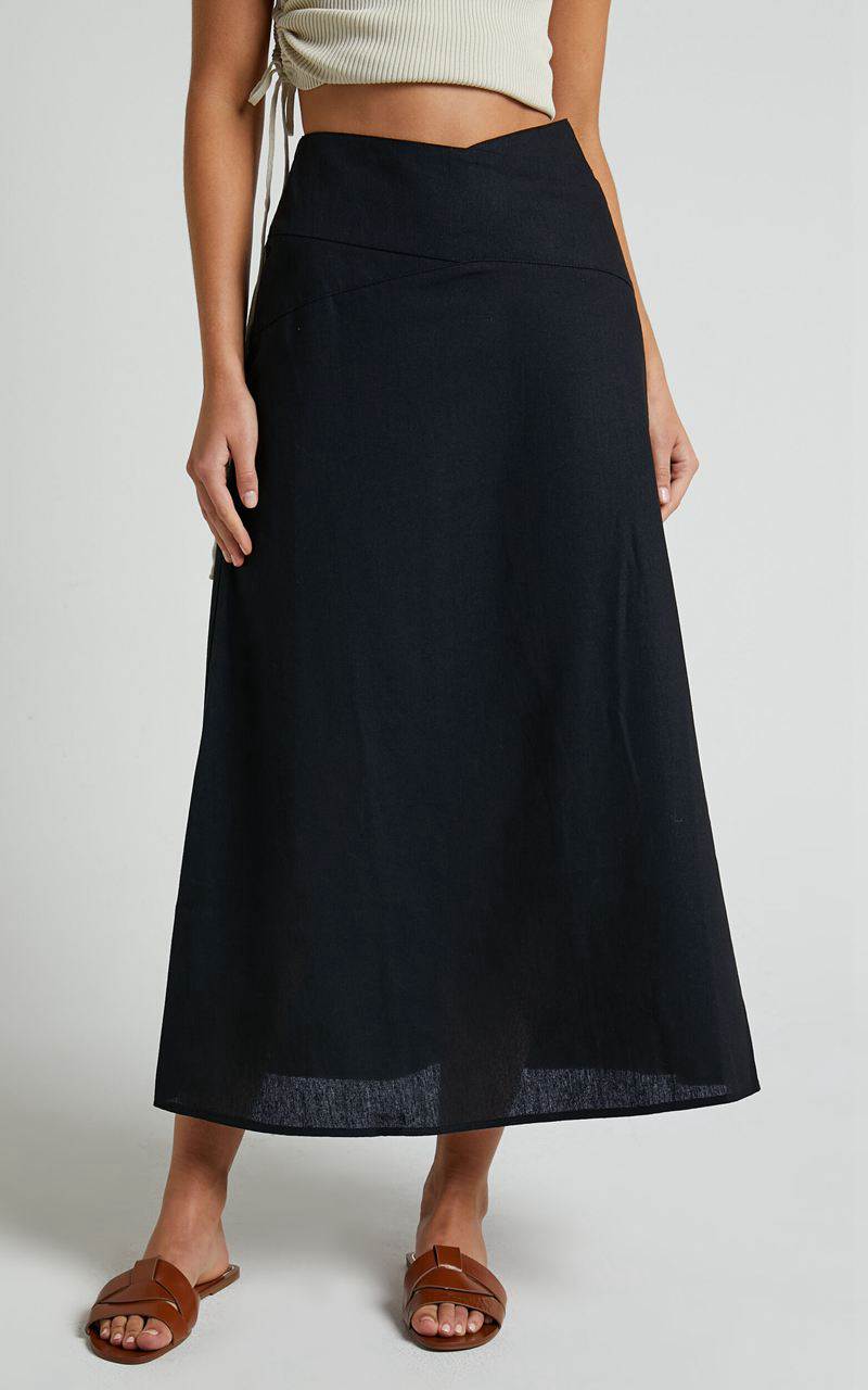 Showpo Sundry Midi Skirt - Linen Look High Waisted Cross Front Detail Skirt Black | HXMNJO472