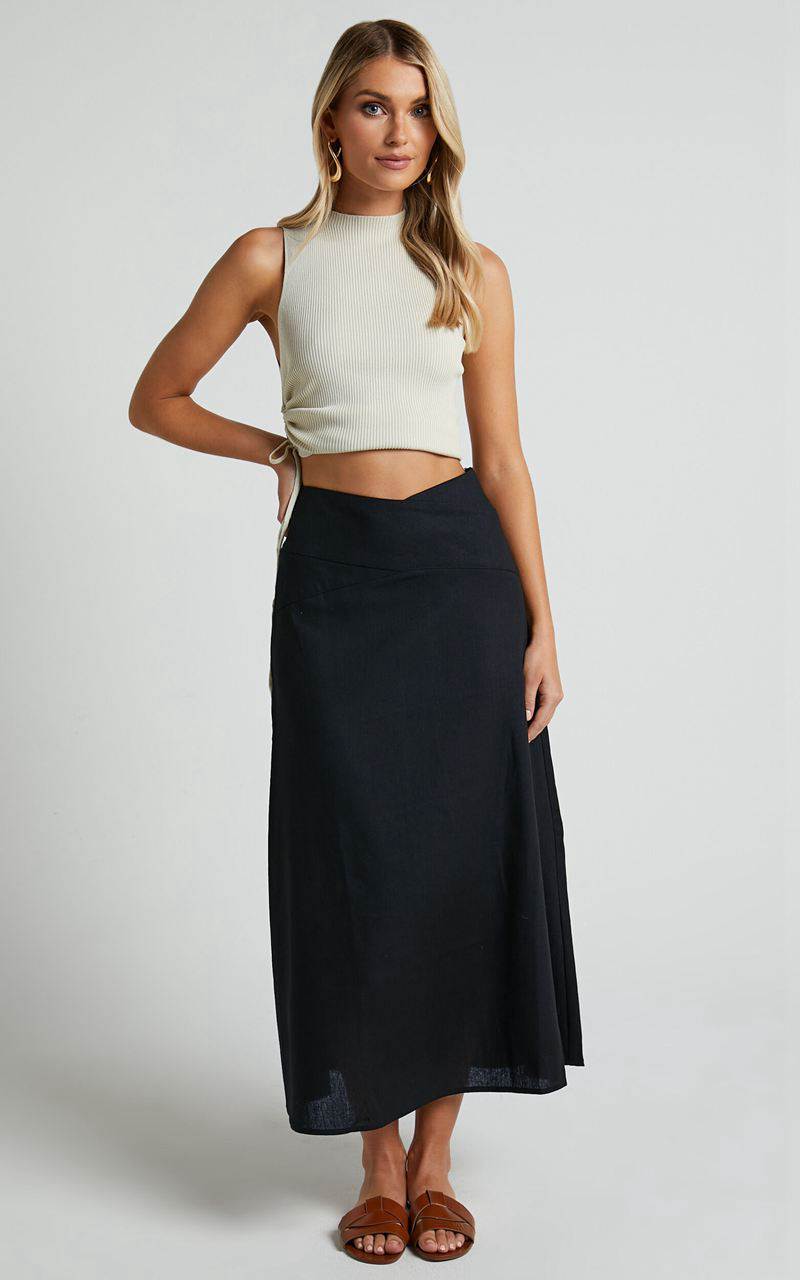 Showpo Sundry Midi Skirt - Linen Look High Waisted Cross Front Detail Skirt Black | HXMNJO472