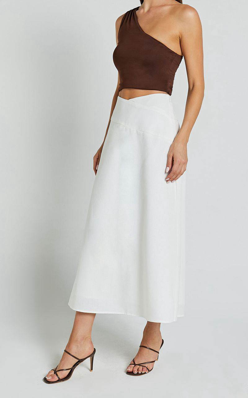 Showpo Sundry Midi Skirt - Linen Look High Waisted Cross Front Detail Skirt Off White | PEQWML982