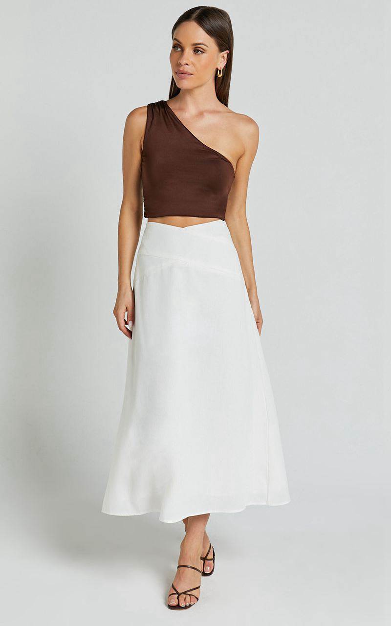 Showpo Sundry Midi Skirt - Linen Look High Waisted Cross Front Detail Skirt Off White | PEQWML982