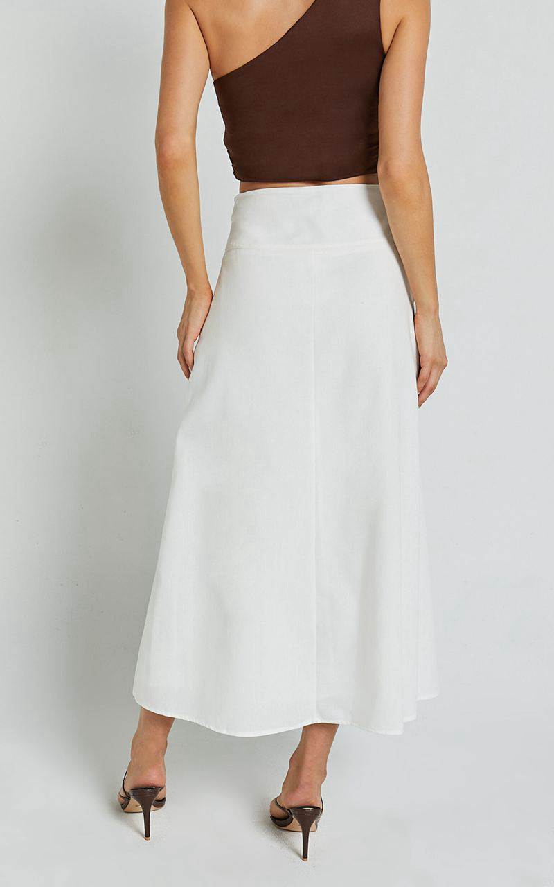 Showpo Sundry Midi Skirt - Linen Look High Waisted Cross Front Detail Skirt Off White | PEQWML982