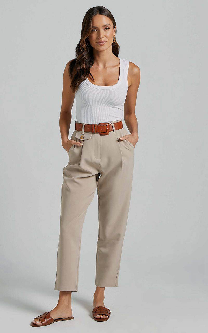 Showpo Suri Cropped Pant - High Waisted Tapered Tailored Pant With Pocket Detail Sand | NLFGVC192