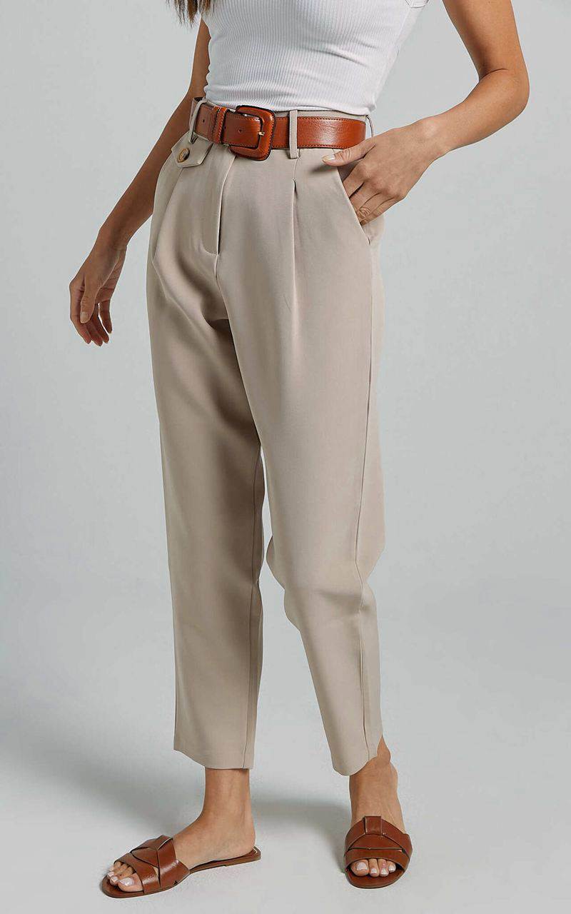 Showpo Suri Cropped Pant - High Waisted Tapered Tailored Pant With Pocket Detail Sand | NLFGVC192