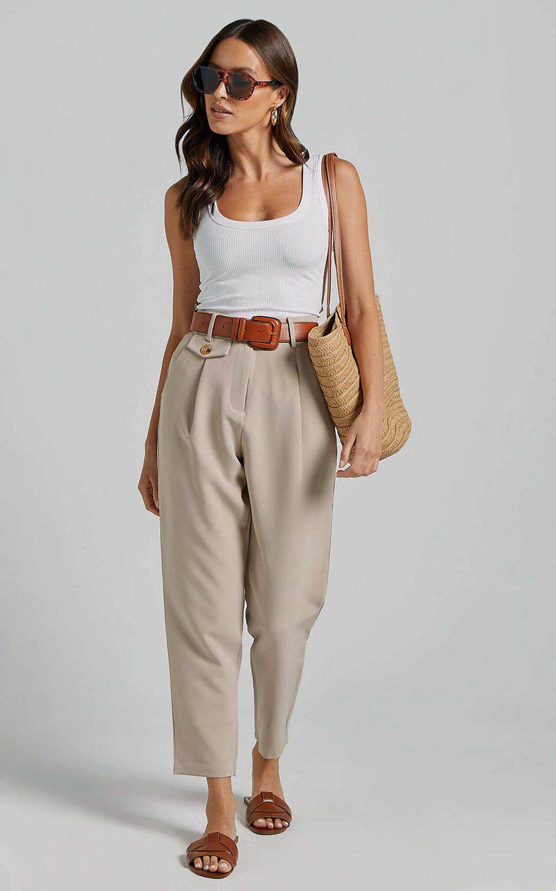 Showpo Suri Cropped Pant - High Waisted Tapered Tailored Pant With Pocket Detail Sand | NLFGVC192