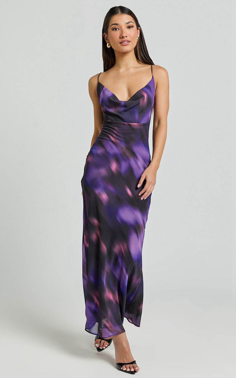 Showpo Susie Midi Dress - Recycled Strappy Cowl Slip Dress Violet Night Print | URLZDV574