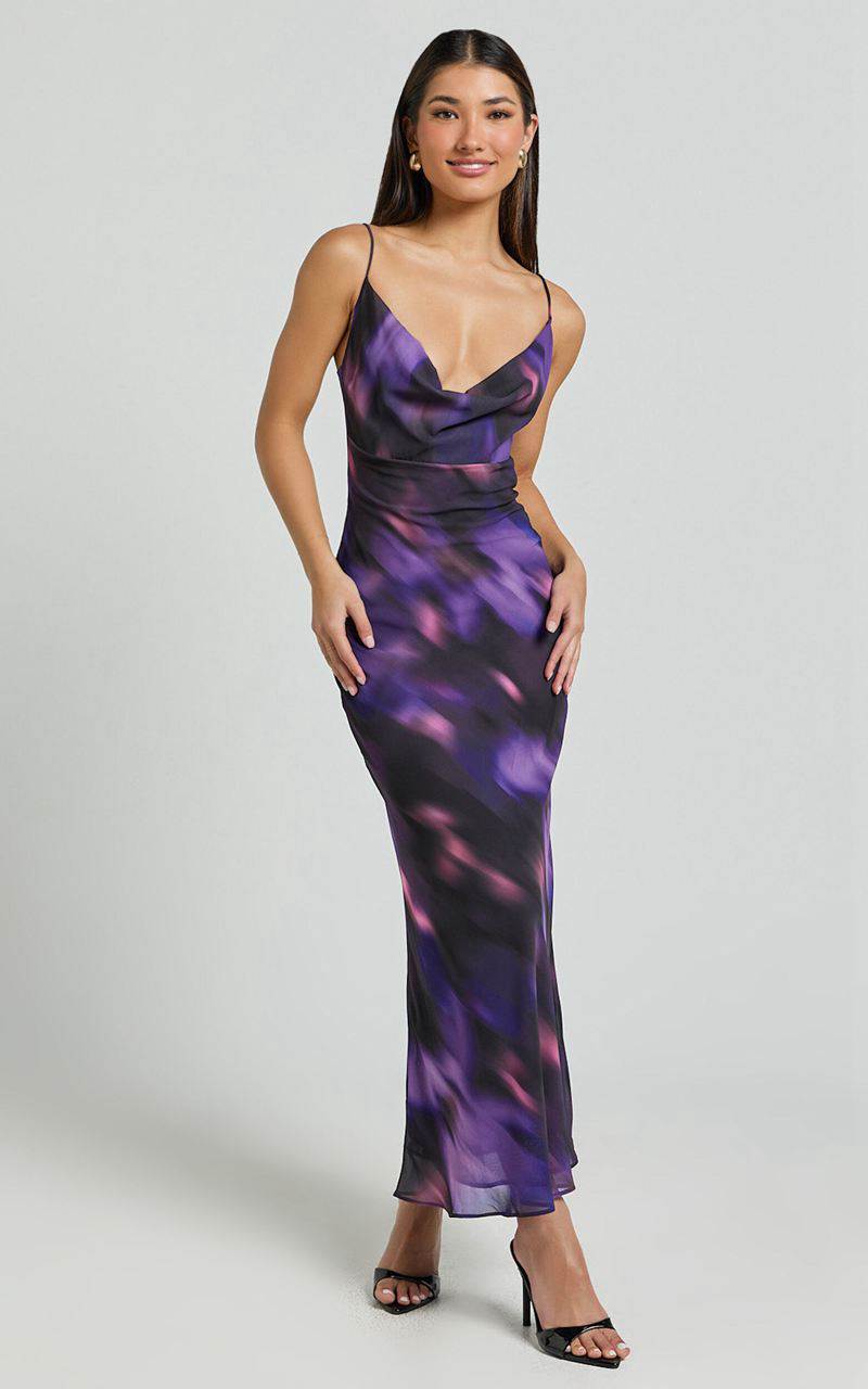 Showpo Susie Midi Dress - Recycled Strappy Cowl Slip Dress Violet Night Print | URLZDV574