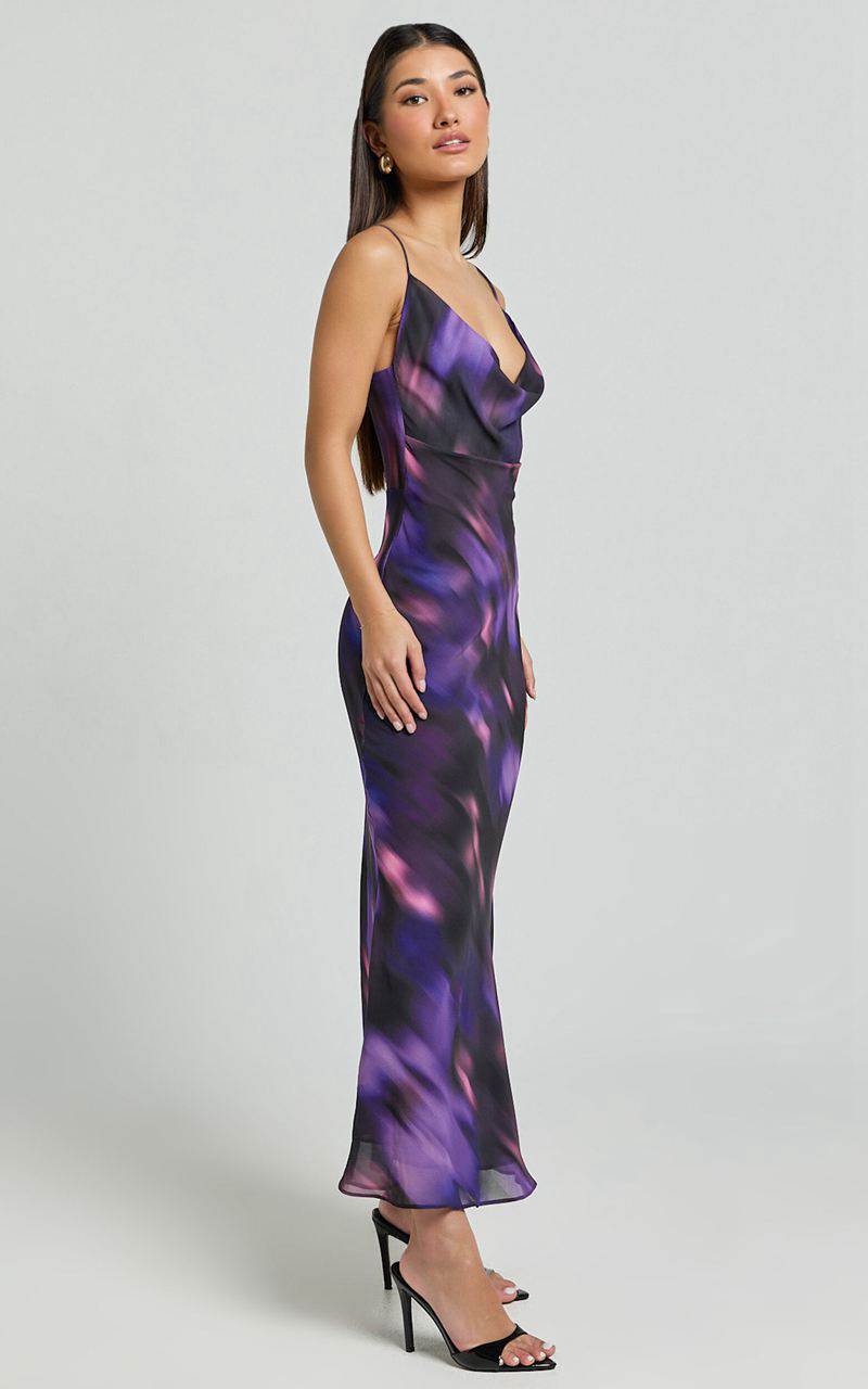 Showpo Susie Midi Dress - Recycled Strappy Cowl Slip Dress Violet Night Print | URLZDV574