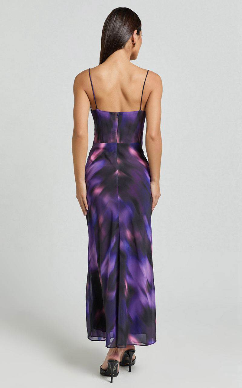 Showpo Susie Midi Dress - Recycled Strappy Cowl Slip Dress Violet Night Print | URLZDV574