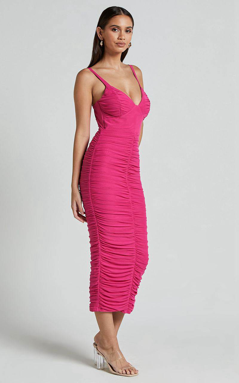 Showpo Suzie Midi Dress - Sweetheart Neck Bustier Ruched Bodycon Dress Magenta | RSYVNM270