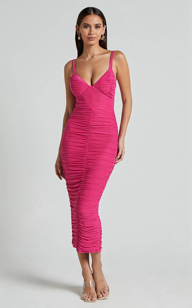 Showpo Suzie Midi Dress - Sweetheart Neck Bustier Ruched Bodycon Dress Magenta | RSYVNM270