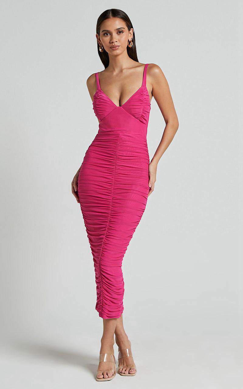 Showpo Suzie Midi Dress - Sweetheart Neck Bustier Ruched Bodycon Dress Magenta | RSYVNM270