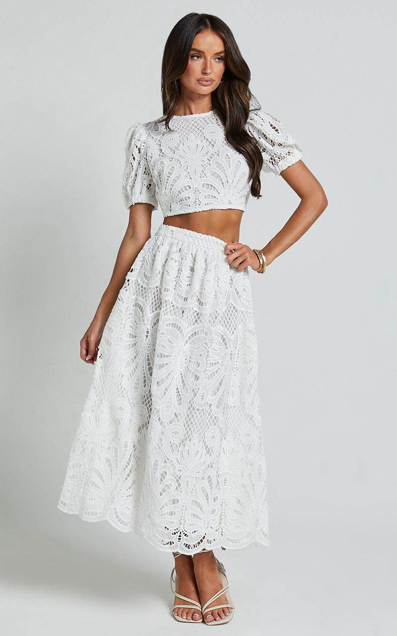 Showpo Sveta Two Piece Set - Lace Short Puff Sleeve Open Back Crop Top And Midi Skirt Set White | MQKEYP650