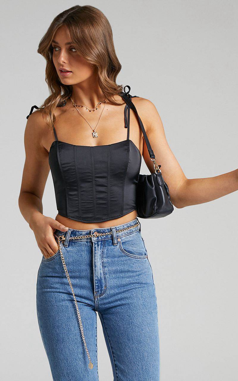 Showpo Sweet Disguise Top - Shoulder Tie Corset Top Black | CVIZUD078