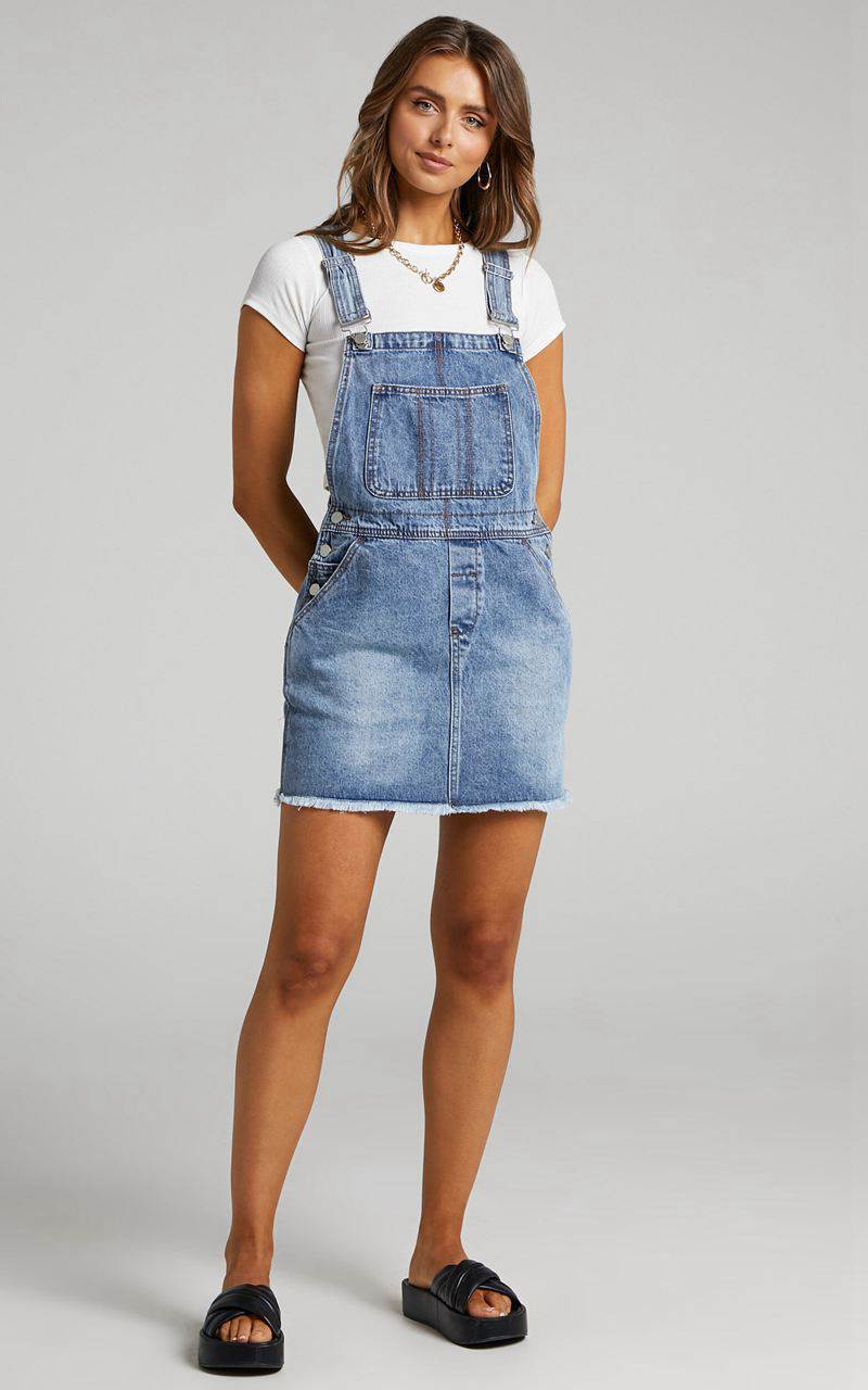 Showpo Syden Mini Dress - Overall Denim Dress Sunday Blue | QAPHVF523