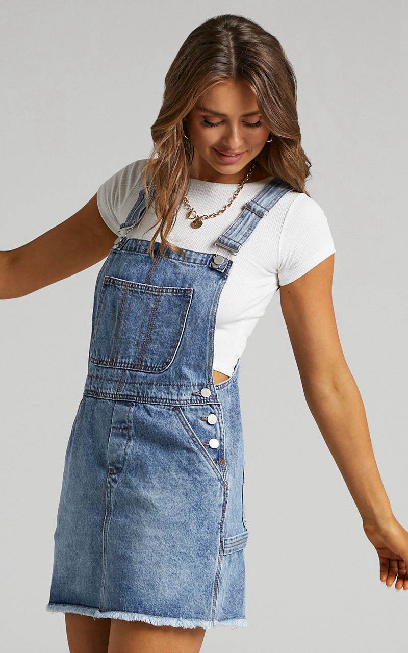 Showpo Syden Mini Dress - Overall Denim Dress Sunday Blue | QAPHVF523