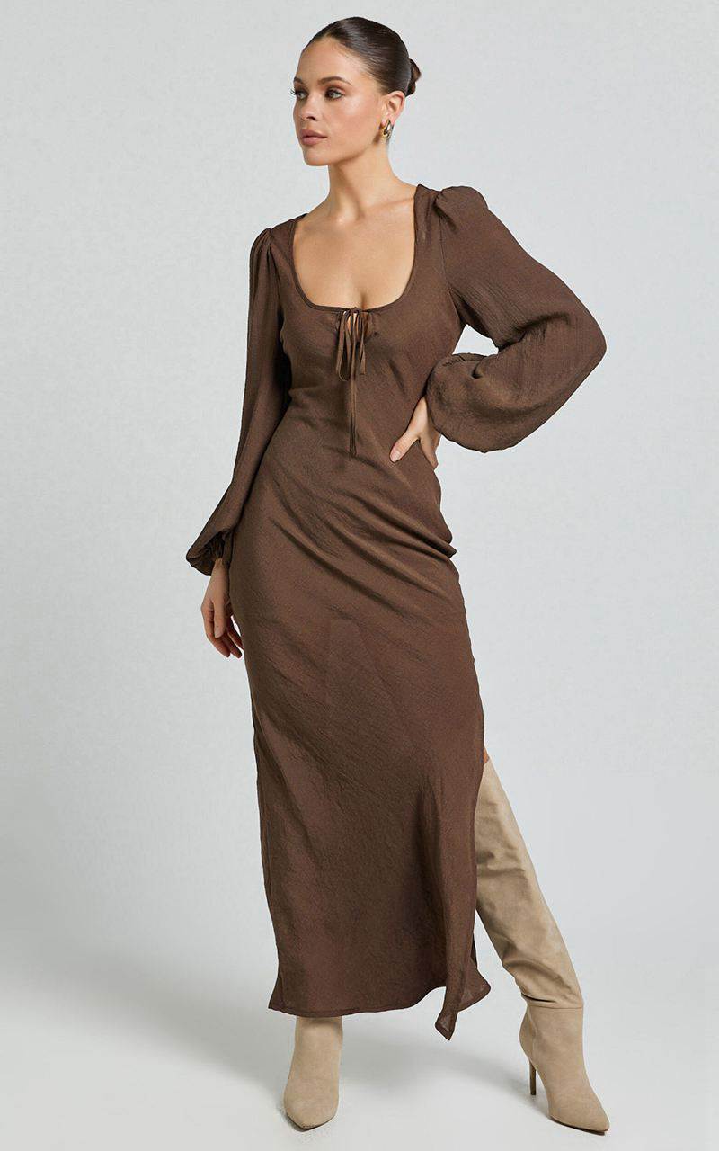 Showpo Sydney Midi Dress - Scoop Neck Long Sleeve Slip Dress Brown | CHEXBJ506