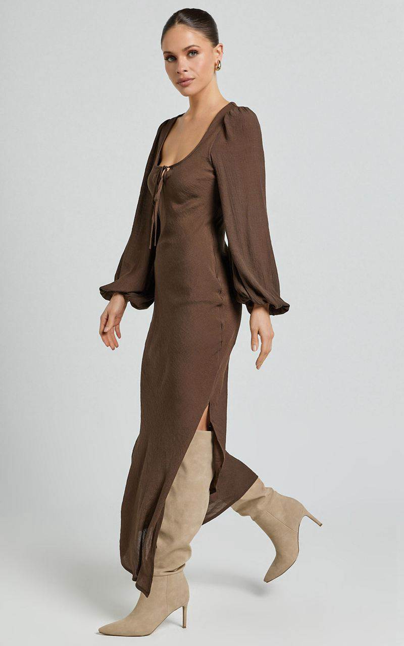 Showpo Sydney Midi Dress - Scoop Neck Long Sleeve Slip Dress Brown | CHEXBJ506