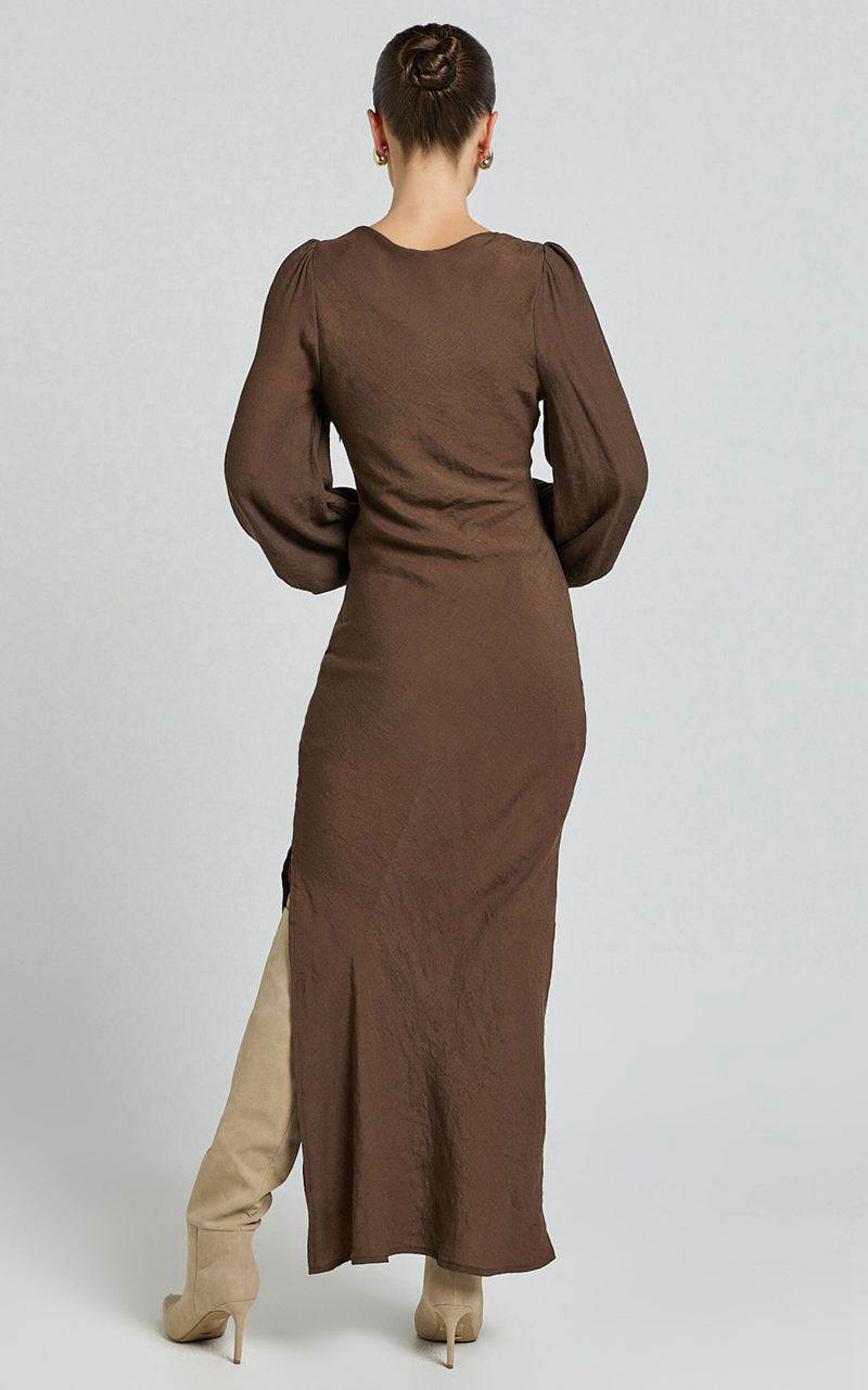 Showpo Sydney Midi Dress - Scoop Neck Long Sleeve Slip Dress Brown | CHEXBJ506