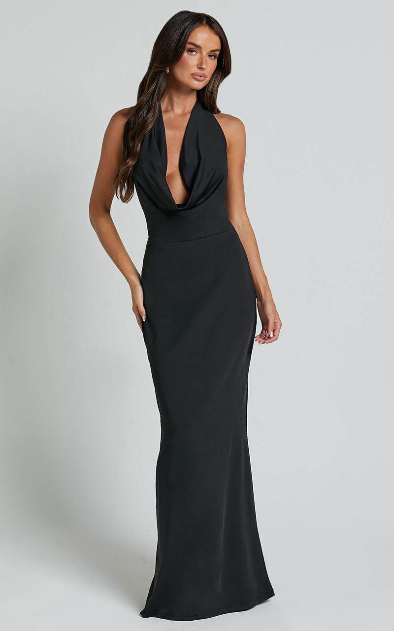 Showpo Sylvana Maxi Dress - Cowl Halter Neck Bodycon Dress Black | WNTAVK468