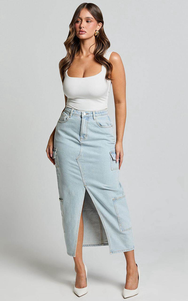 Showpo Sylvia Midi Skirt - Utility Pockets Denim Skirt Light Blue Wash | HTQOBR568