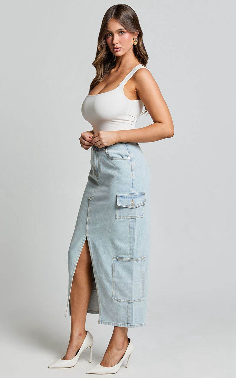 Showpo Sylvia Midi Skirt - Utility Pockets Denim Skirt Light Blue Wash | HTQOBR568