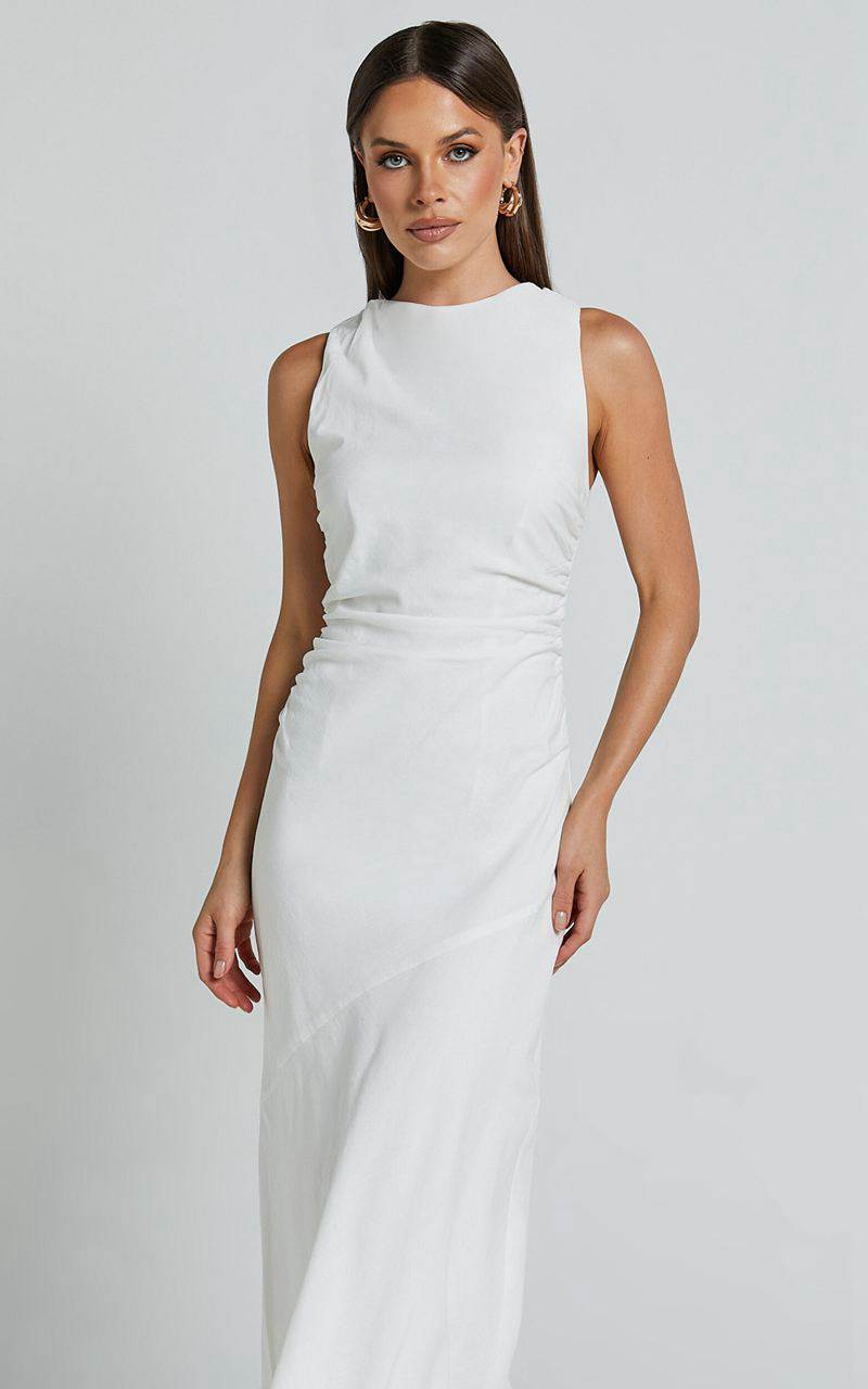 Showpo Sylvie Midi Dress - High Neck Flare Dress White | LQFDNT731