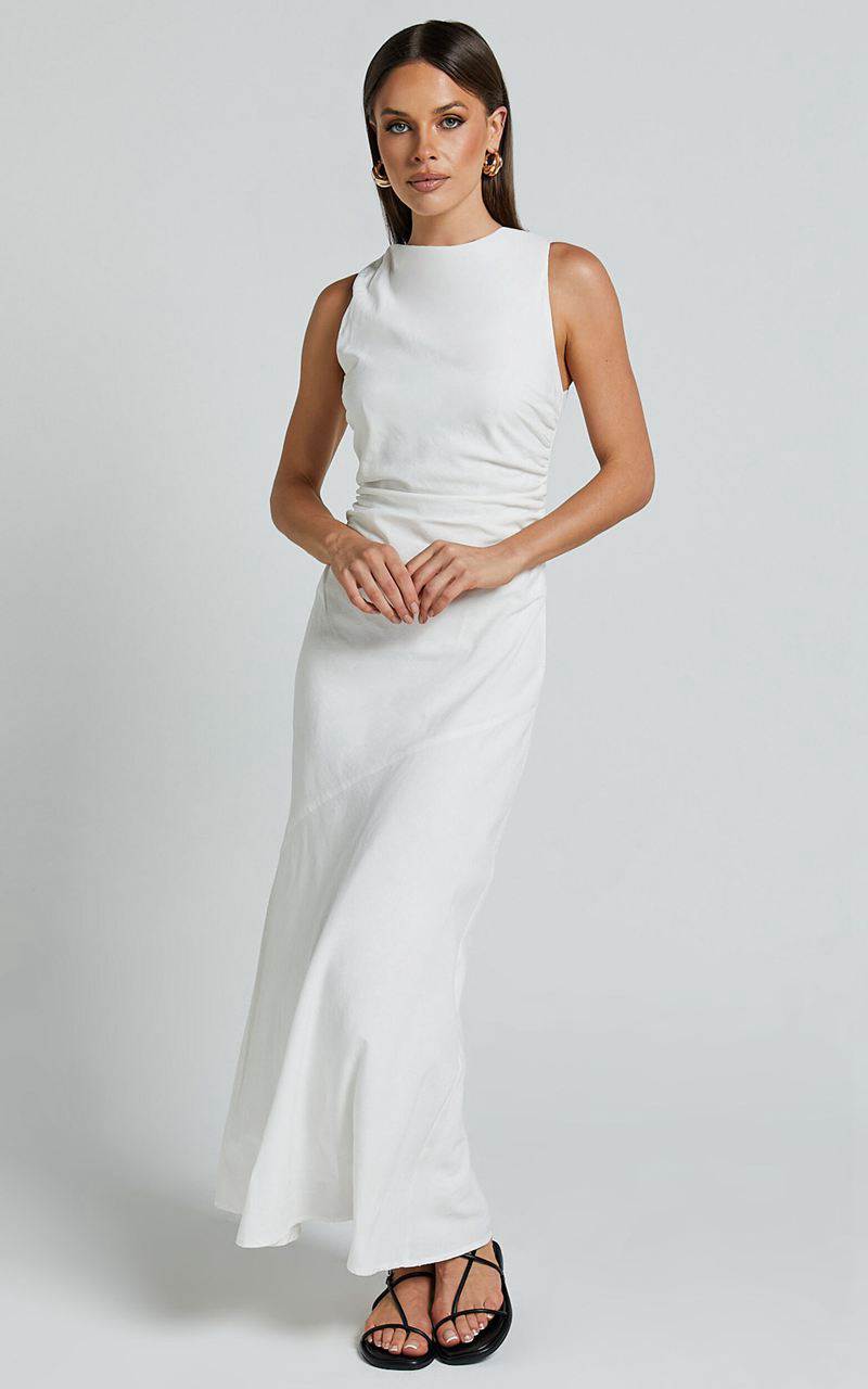 Showpo Sylvie Midi Dress - High Neck Flare Dress White | LQFDNT731