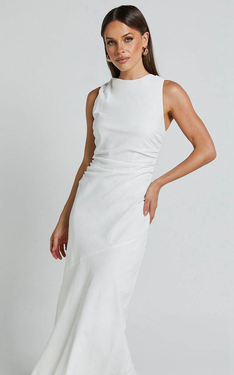 Showpo Sylvie Midi Dress - High Neck Flare Dress White | LQFDNT731