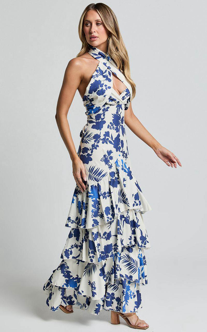 Showpo Talia Maxi Dress - Halter Neck Layered Dress Blue And White Print | NZDHEA268