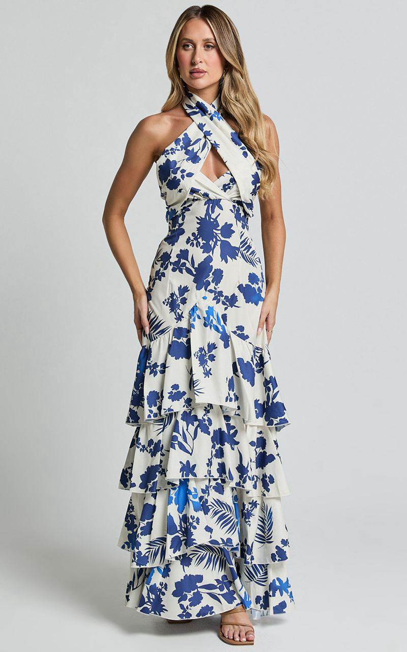 Showpo Talia Maxi Dress - Halter Neck Layered Dress Blue And White Print | NZDHEA268