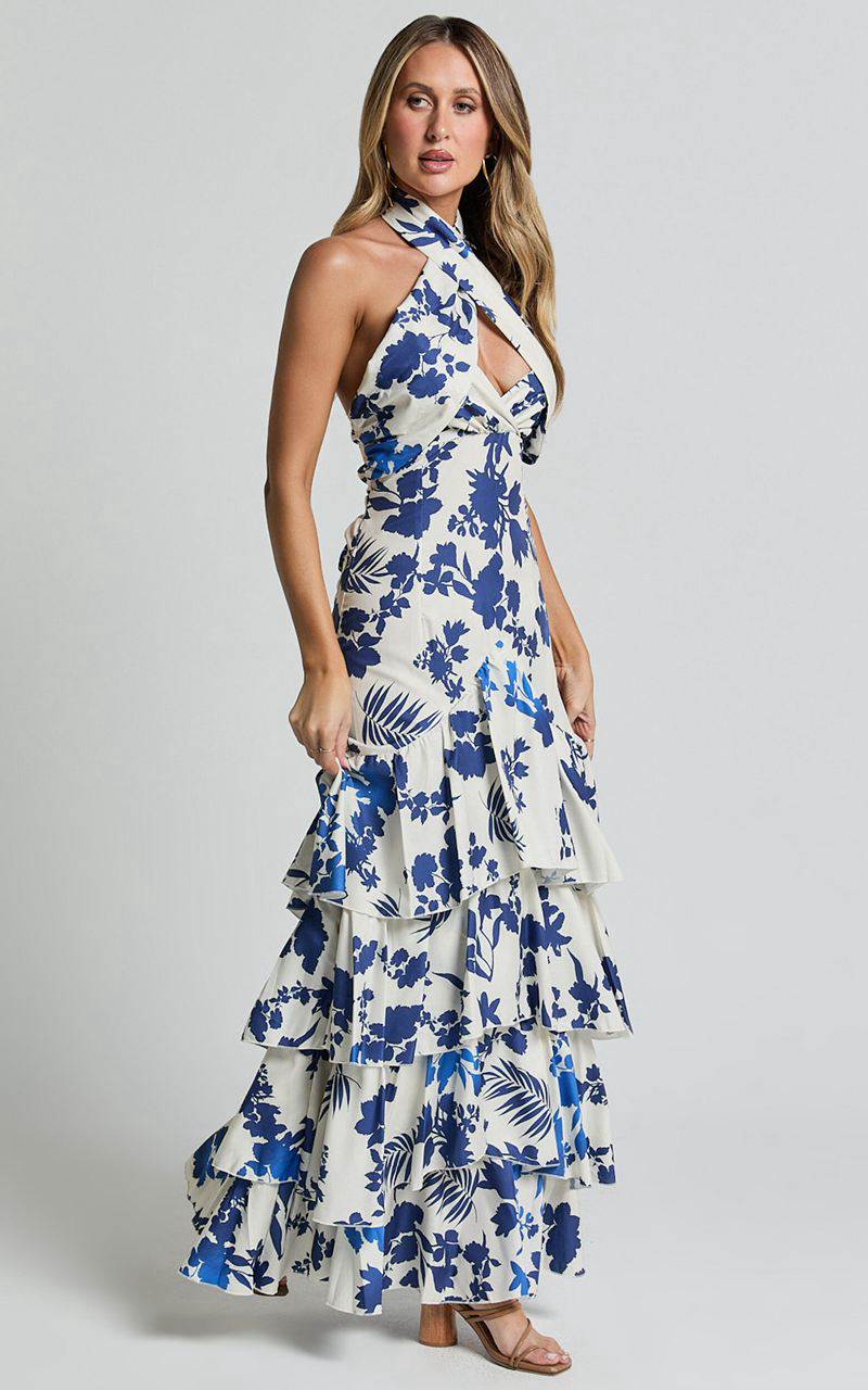 Showpo Talia Maxi Dress - Halter Neck Layered Dress Blue And White Print | NZDHEA268