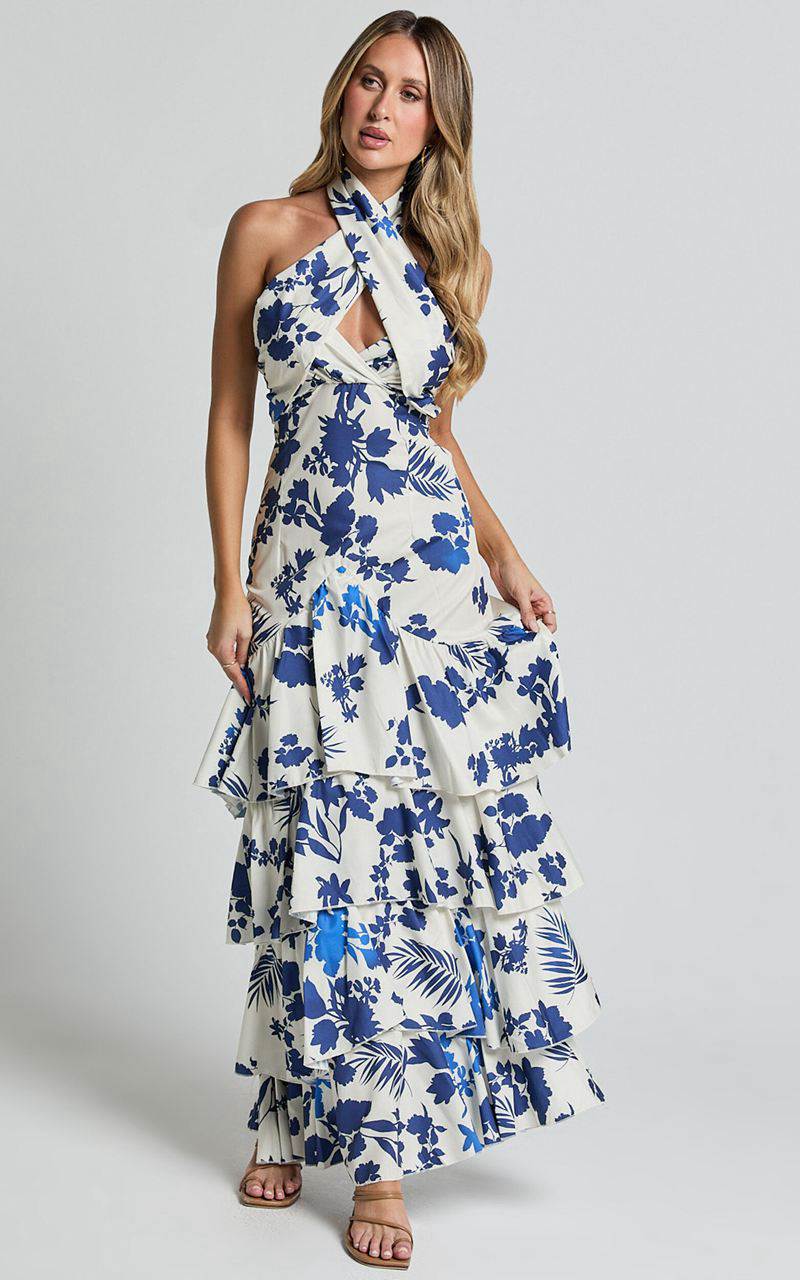 Showpo Talia Maxi Dress - Halter Neck Layered Dress Blue And White Print | NZDHEA268