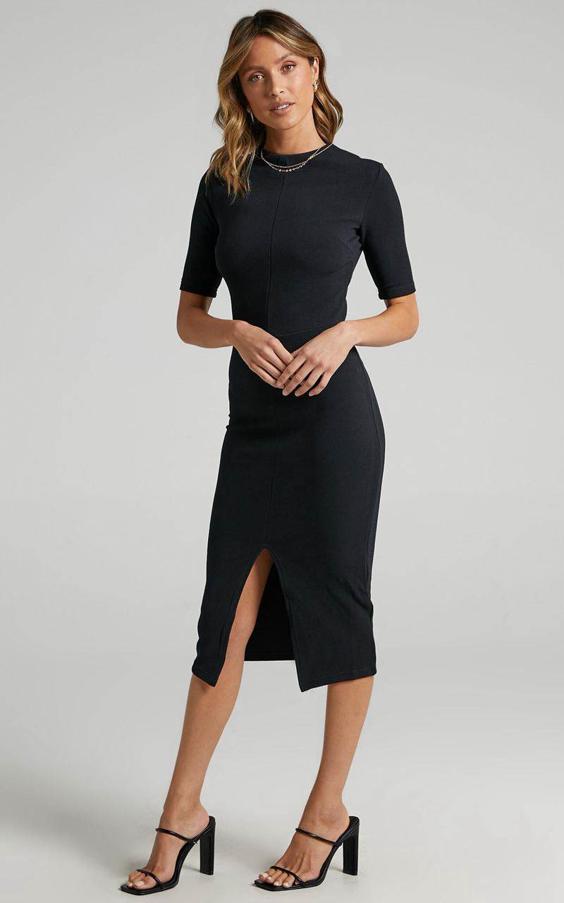 Showpo Tall Tales Midi Dress - Bodycon Centre Split Dress Black | MYUXZL408