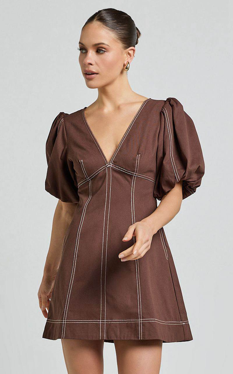 Showpo Tallie Mini Dress - Linen Look Puff Sleeve A Line Dress Chocolate | CXADSF679