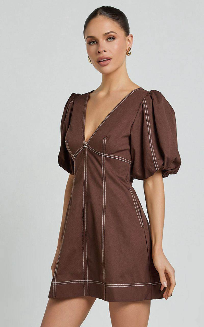 Showpo Tallie Mini Dress - Linen Look Puff Sleeve A Line Dress Chocolate | CXADSF679