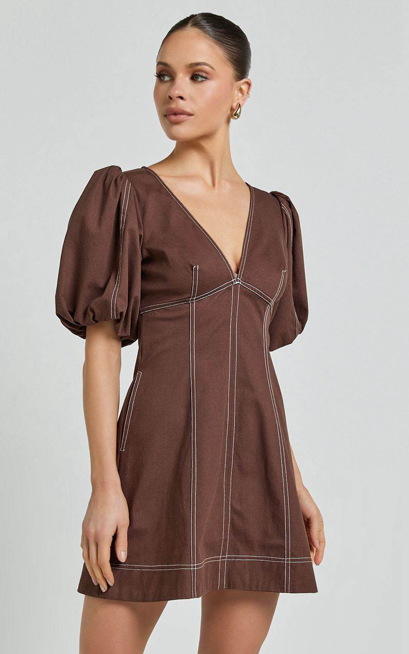 Showpo Tallie Mini Dress - Linen Look Puff Sleeve A Line Dress Chocolate | CXADSF679