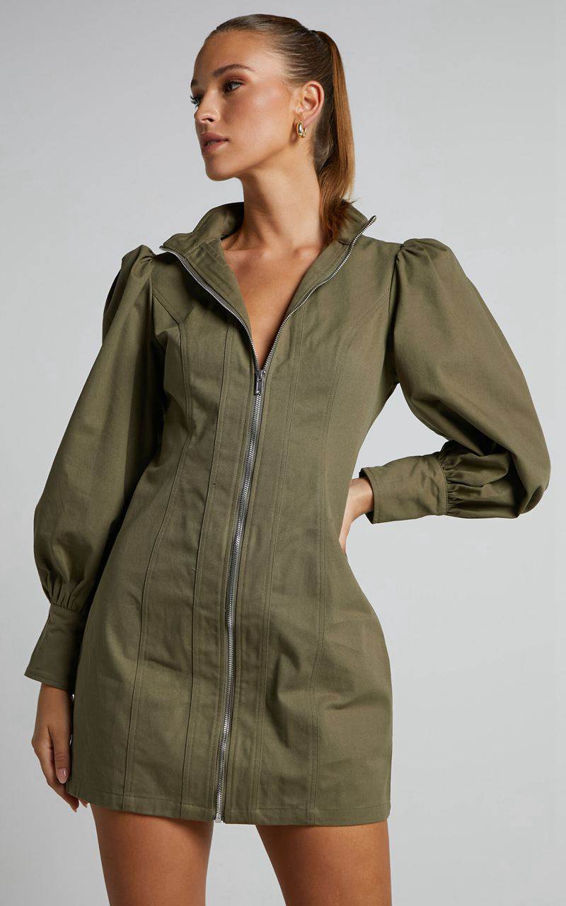 Showpo Tallis Mini Dress - Sleeve Zip Front Dress Khaki | TSHXOR480