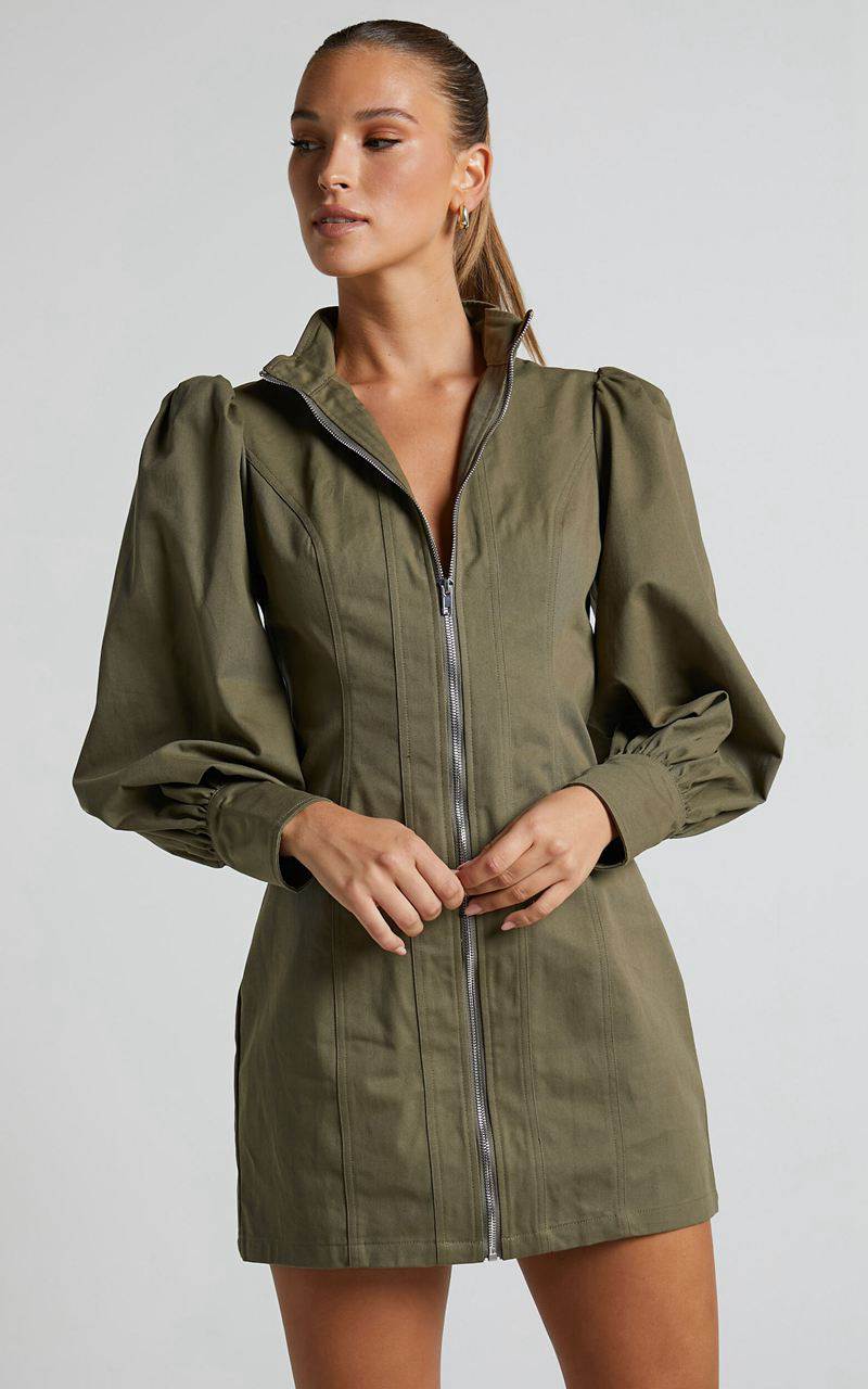 Showpo Tallis Mini Dress - Sleeve Zip Front Dress Khaki | TSHXOR480