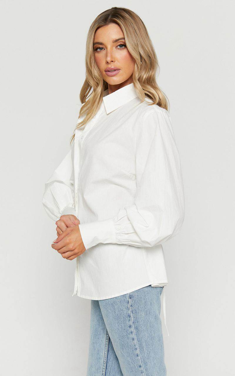 Showpo Tansu Long Sleeve Tie Back Shirt White | ISXDQE965