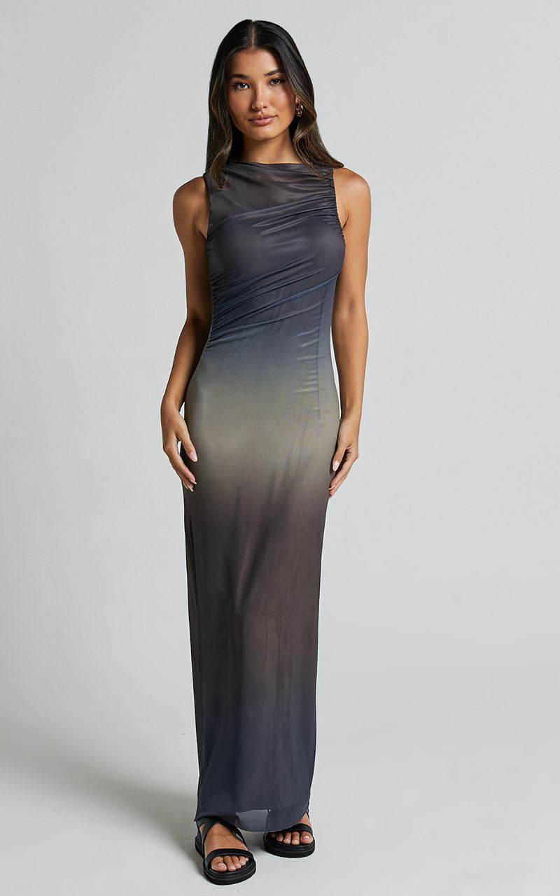 Showpo Tassa Midi Dress - High Neck Slip Mesh Ombre Dress Stormy Ombre | BLNMIG460