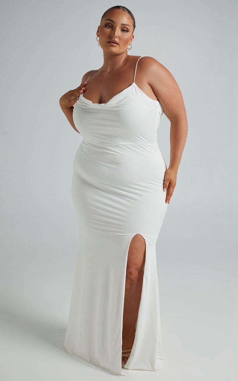 Showpo Tasteful Midi Dress - Cowl Neck Bodycon Thigh Split Dress White | UYEMCL897