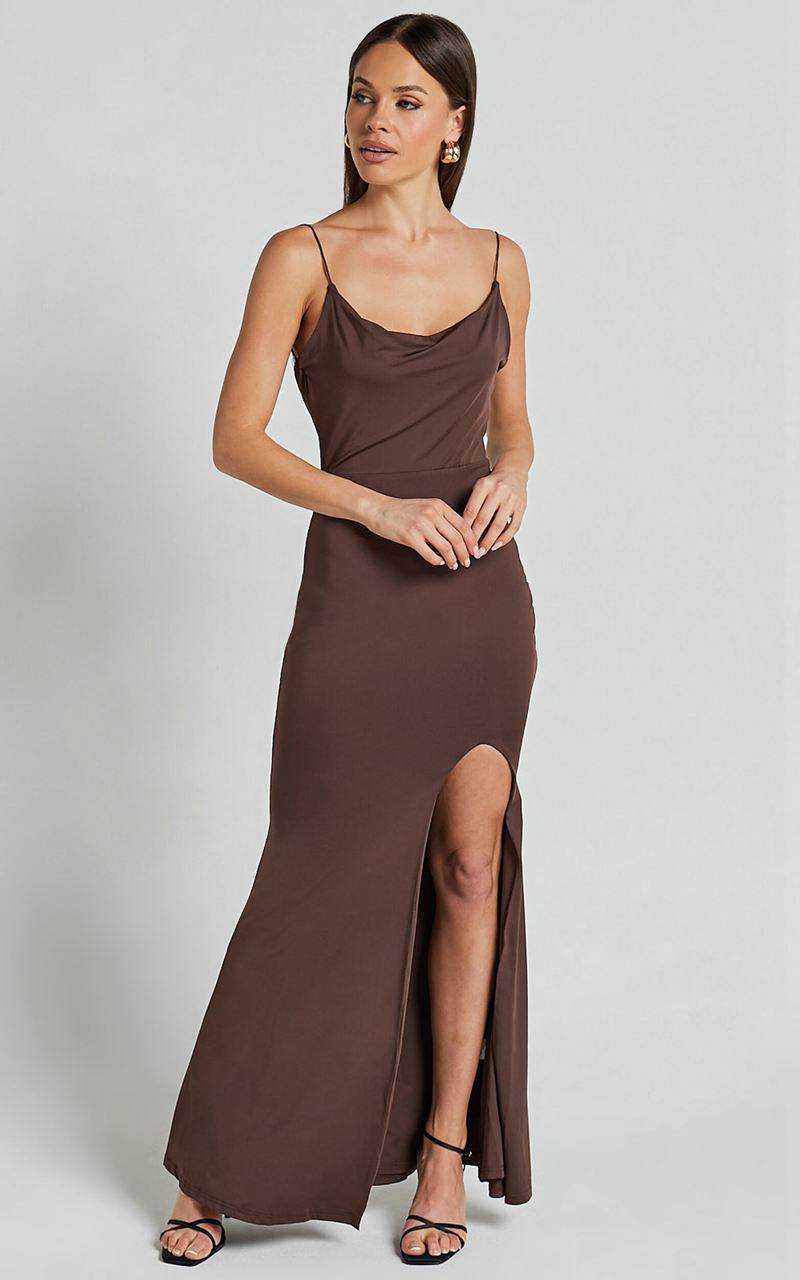 Showpo Tasteful Midi Dress - Cowl Neck Bodycon Thigh Split Dress Dark Chocolate | IYZHPA598