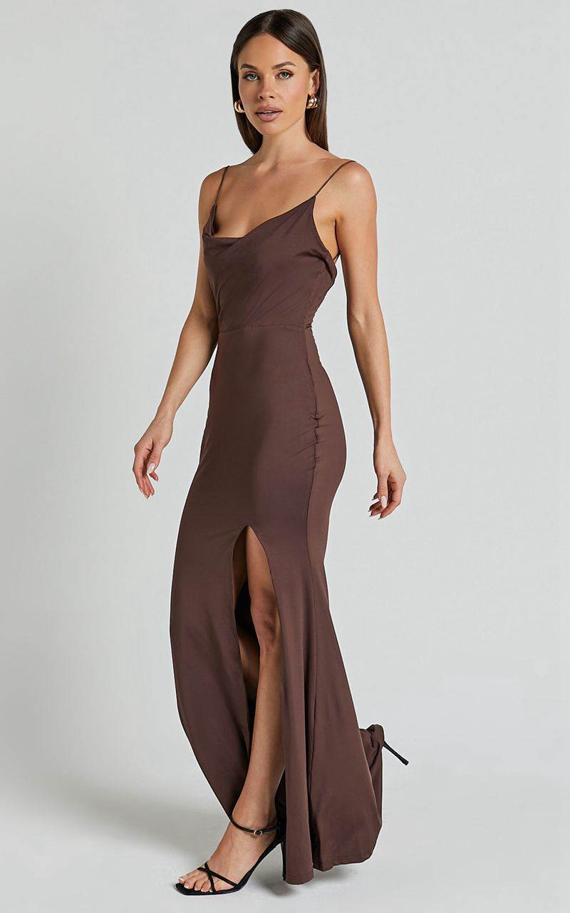 Showpo Tasteful Midi Dress - Cowl Neck Bodycon Thigh Split Dress Dark Chocolate | IYZHPA598